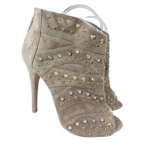 BEBE! FAWN BEIGE/TAN VEGAN LEATHER MEGA STUDDED, RHINESTONE BACK ZIP HEELS! 9M